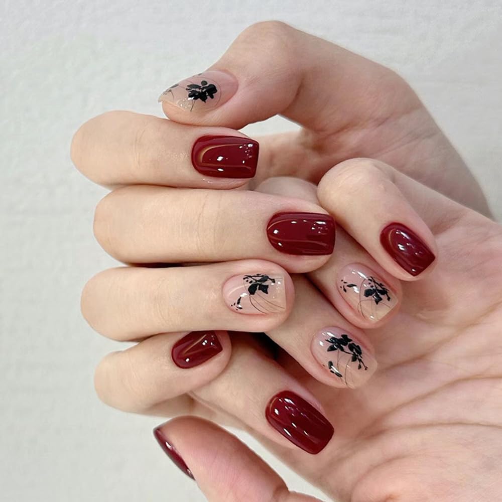 S.A.V.I 24 Pcs Wine & Nude Short Press On Nails with Black Floral Design | Natural Look Reusable Fake Nail Tips for Women & Girls | With Glue & Adhesive Tabs | Nail Art Kit