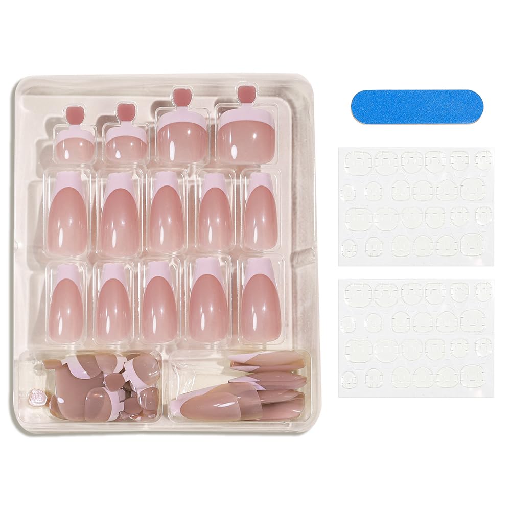 S.A.V.I 48 Pcs Nude French Coffin Press On Nails Combo for Hands & Feet | Long Glossy Fake Nails Set | Reusable Manicure & Pedicure Tips Kit for Women & Girls | Nail Art Extension Look