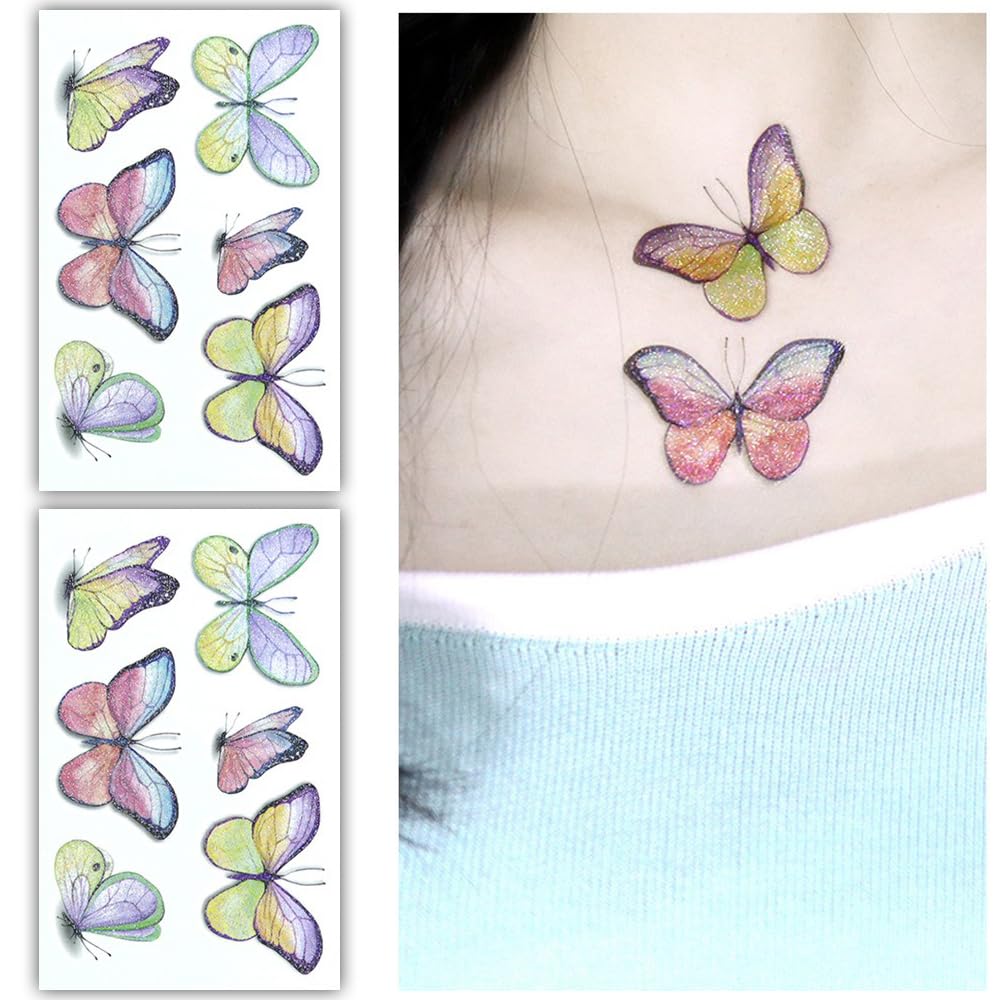 S.A.V.I 2pcs Glittery Butterfly Temporary Tattoos (12x7.5cm) | Vibrant Multicolor Yellow, Pink, Purple Green Designs | Skin-Friendly, Easy-to-Apply for Kids Adults | Party Festival Ready
