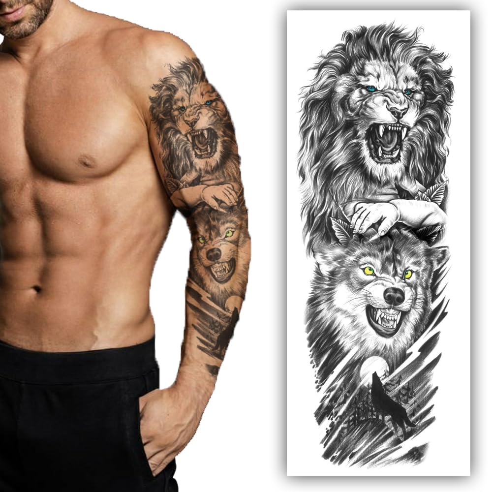 S.A.V.I Full Arm Tattoo Sleeve - Ferocious Lion Wolf, Strength Symbol, Temporary Sticker, Black/Gray, 48x17cm