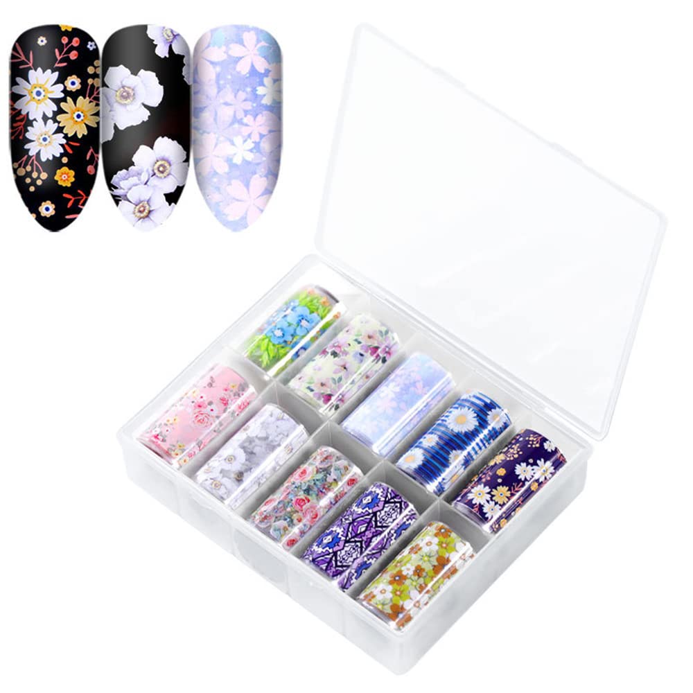 S.A.V.I 10 Rolls Nail Foil Transfer Sticker DIY Holographic Nail Decoration, 10 Multicolor Flower Pattern Nail Foil Wraps Decal