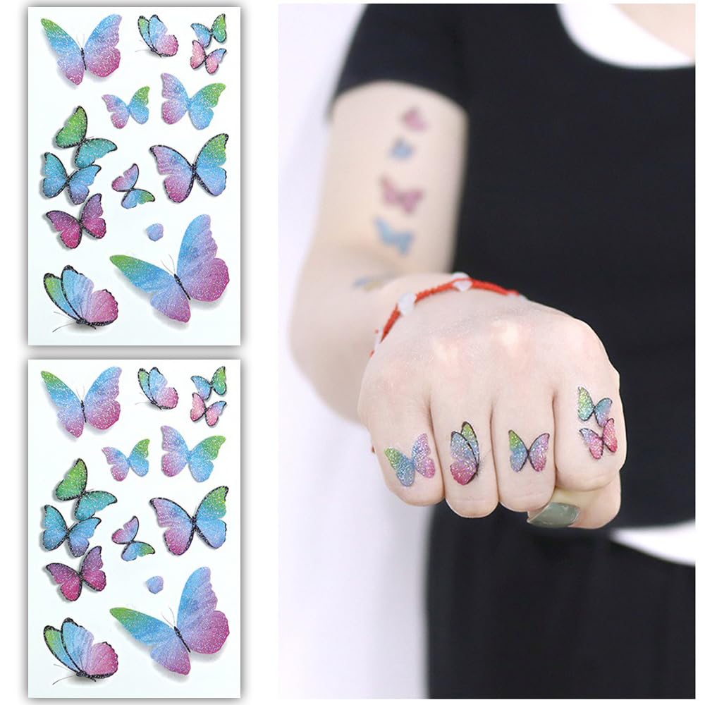 S.A.V.I 2pcs. Glittery Multicolor Butterfly Tattoo Sticker Sheets – Vibrant Rainbow Temporary Tattoos for Kids Adults – Skin-Friendly, Waterproof, Easy to Apply – Ideal for Arms, Neck, Hands (12x7.5 cm)