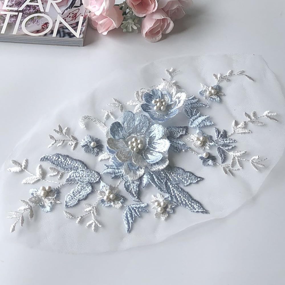 S.A.V.I 1PC 3D Flower Beaded Mesh Lace Fabric with Butterfly Embroidery Applique | Sew-on for Wedding Dress Decoration | Elegant Bridal Fabric | Best Crafting Material (Blue)