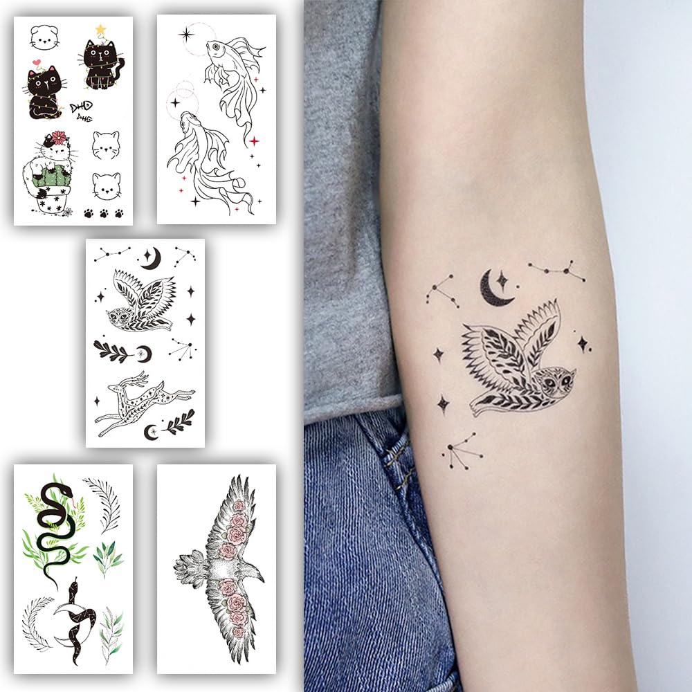 S.A.V.I 5PCS Temporary Tattoos - Waterproof, Diverse Designs with Kitty, Fish, Snakes, Hummingbird, Owl, Stars, Moon, 10.5x6cm for Men Women
