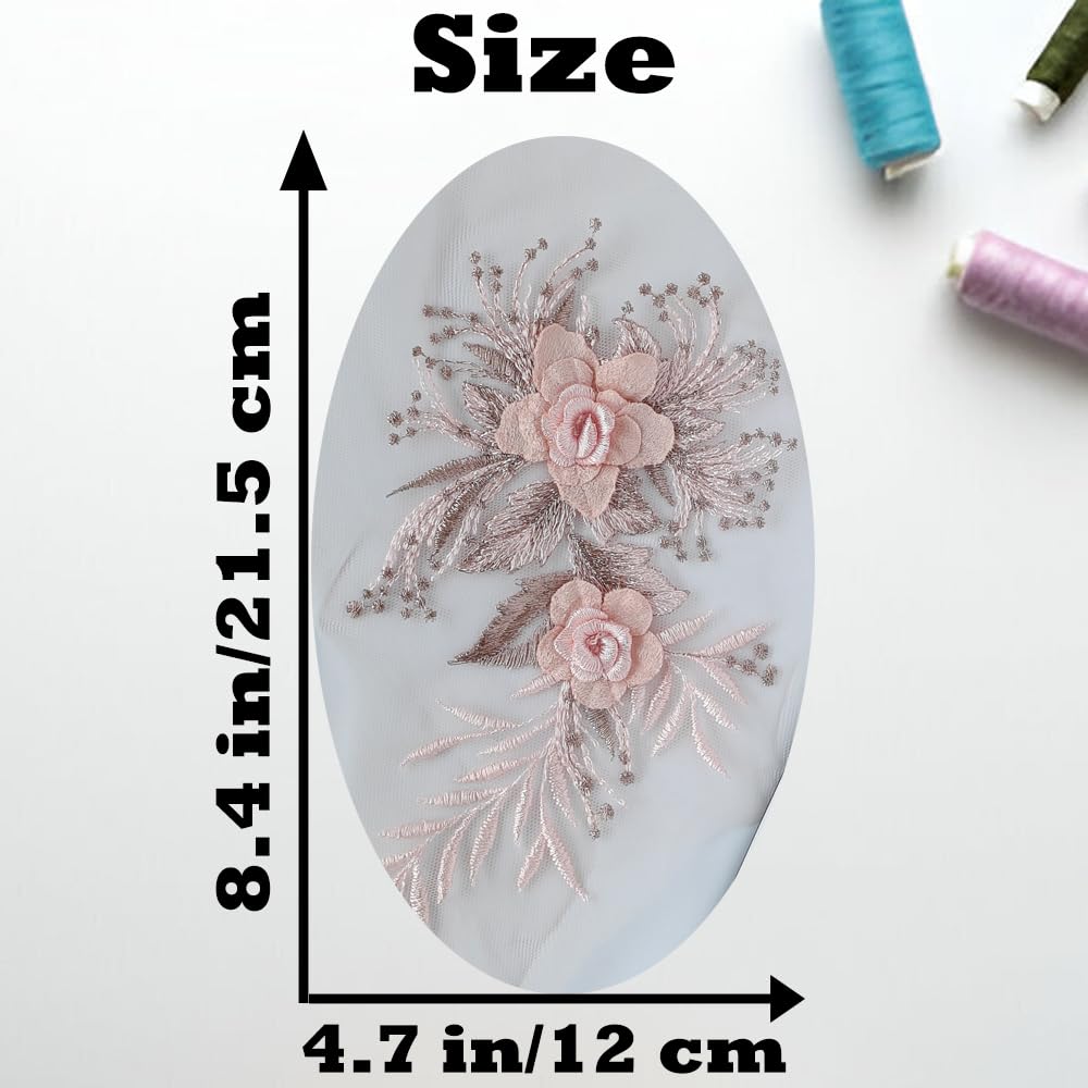 S.A.V.I 1PC 3D Flower Embroidery Patch Mesh Fabric Lace Applique | Sew-on Wedding Dress Clothes Decoration | DIY Craft | 21.5x12CM | Elegant Floral Design | Best for Bridal Gowns DIY Projects (Pink) Amazon.in Home Kitchen