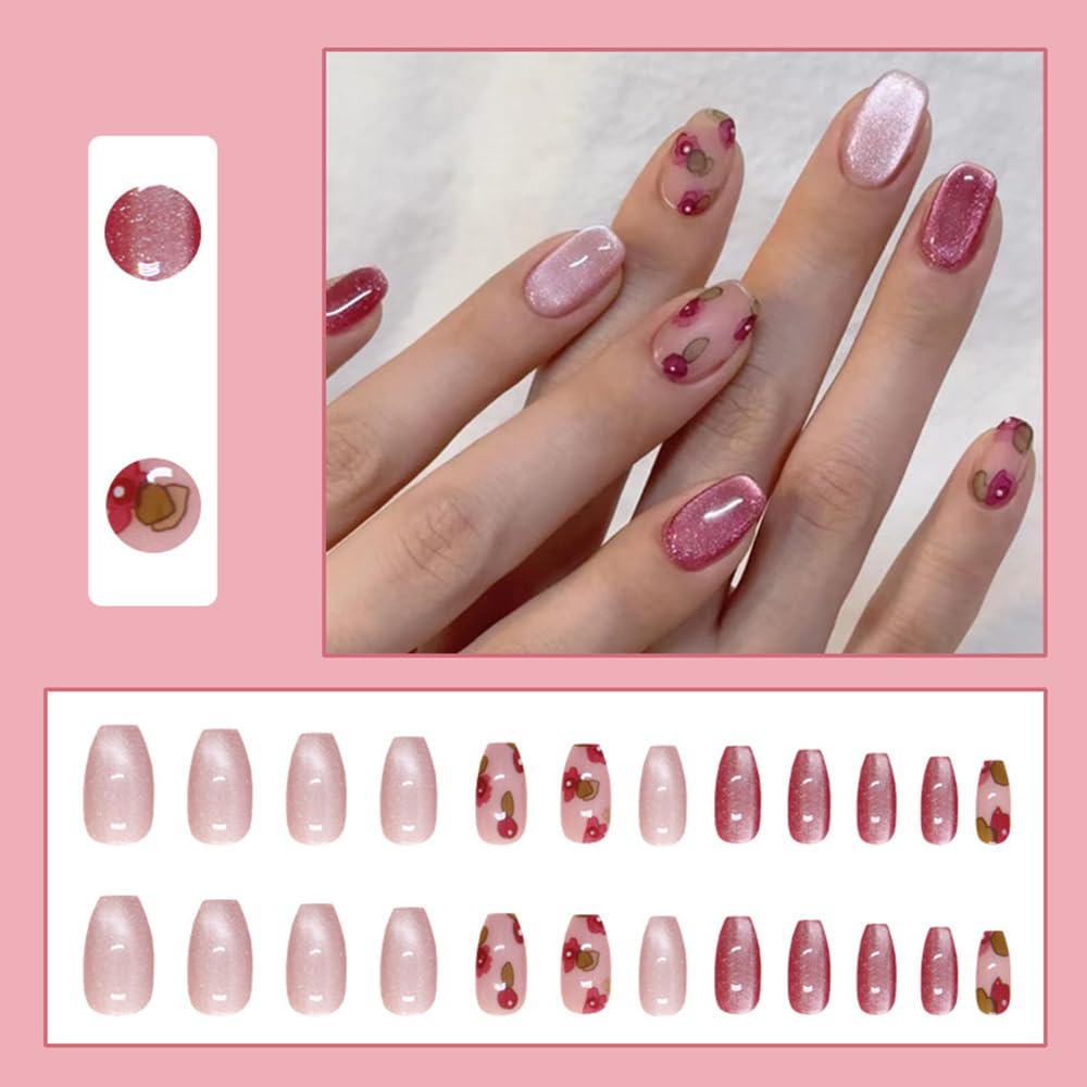 S.A.V.I 24 Pcs Pink Cat Eye & Cherry Print Press On Nails | Long Coffin Shape Glossy Nude Fake Nails for Women & Girls | Reusable Nail Art Tips with Glue & Adhesive Tabs – Salon Finish at Home