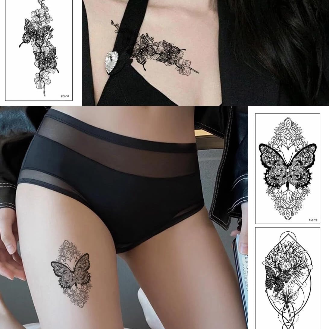 S.A.V.I 30 Pcs Temporary Tattoos for Women Girls – Black Butterfly & Floral Design, Waterproof, Safe & Non-Toxic, 9.7x5.7 cm, Easy to Apply & Remove Body Art Stickers (17)