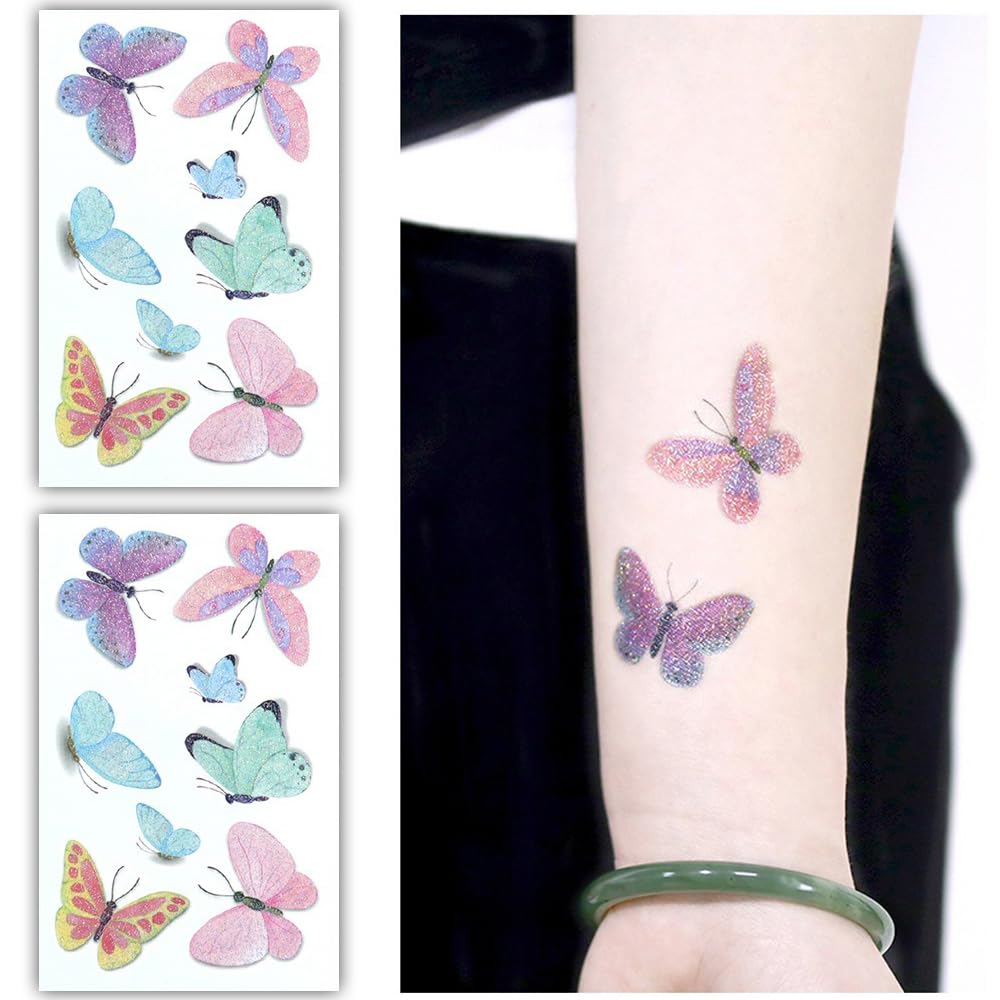 S.A.V.I 2 Pcs Glittery Butterfly Temporary Tattoo Stickers – Sparkly, Colorful Designs for Kids Adults | Skin-Safe, Long-Lasting | Ideal for Parties, Festivals, Gifts | Easy Apply Remove – 12x7.5cm Sheets