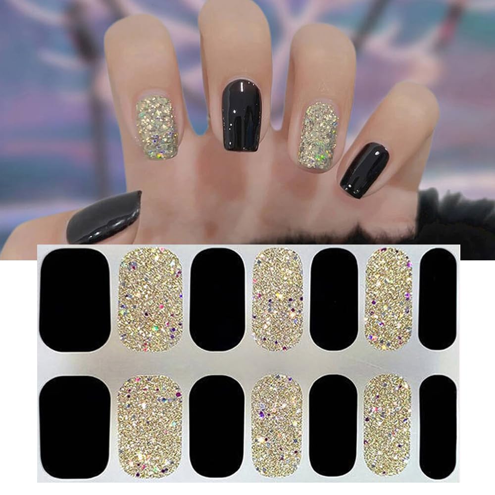 S.A.V.I 14 Pc Black Gold Glitter Gel Nail Stickers - Easy Self-Adhesive, Long-Lasting Shine