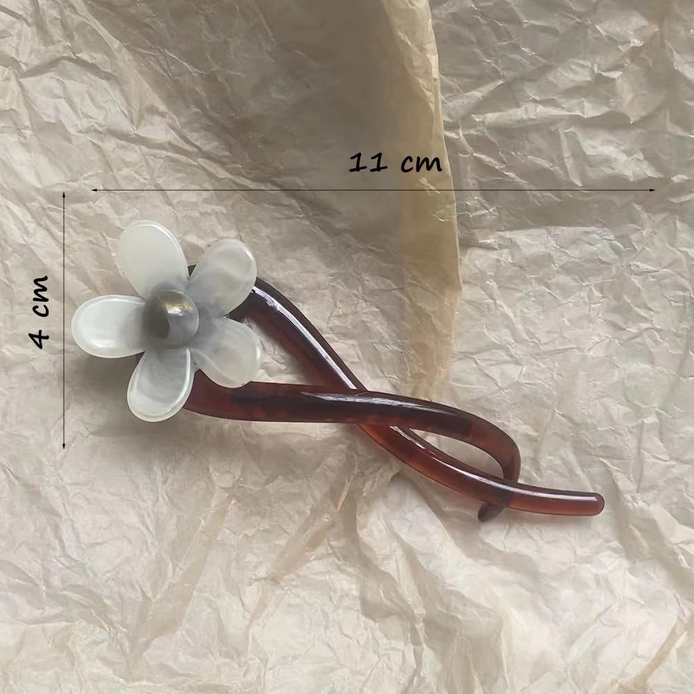 S.A.V.I Elegant 11cm Hair Clip for Women & Girls | White Flower with Pearl Center | Brown Tortoiseshell Acrylic Barrette | Stylish Floral Hair Accessory for Party, Ethnic & Daily
