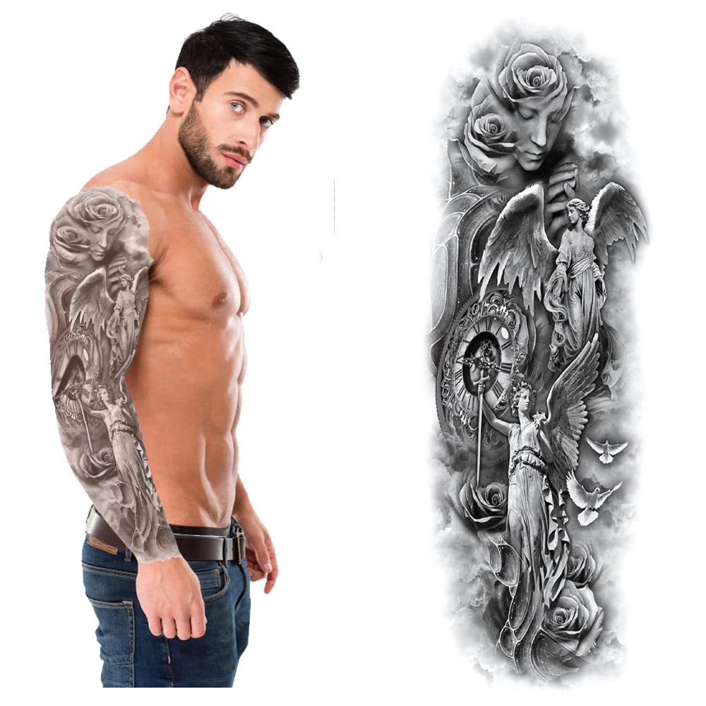 S.A.V.I Full Arm, Hand Temporary Tattoo For Men, Virgin Mary Clock Angel Jesus Wings Tattoo Sticker Size 48x17CM