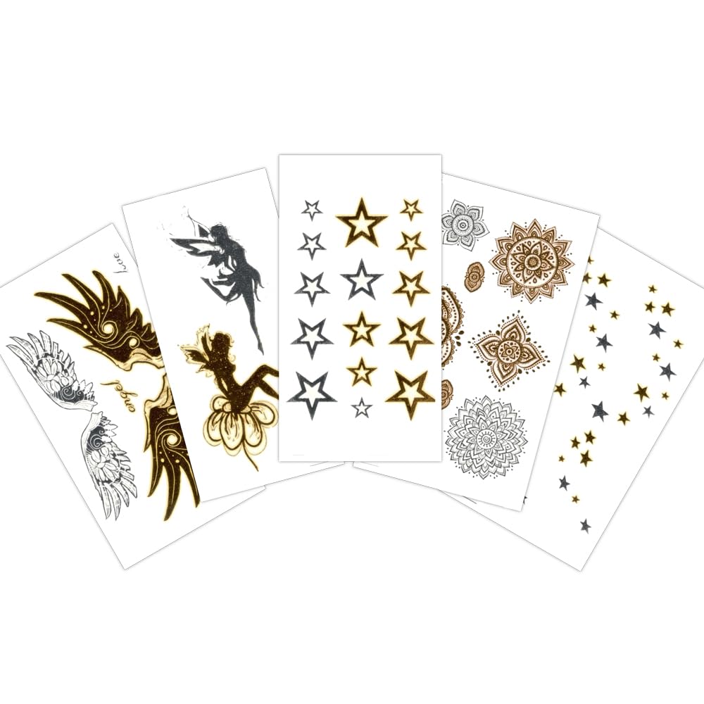 S.A.V.I 5 Sheets, Gold Silver Temporary Tattoos - Wing, Feather, Stars, Mandala, 10.5x6cm, Metallic Body Art for
