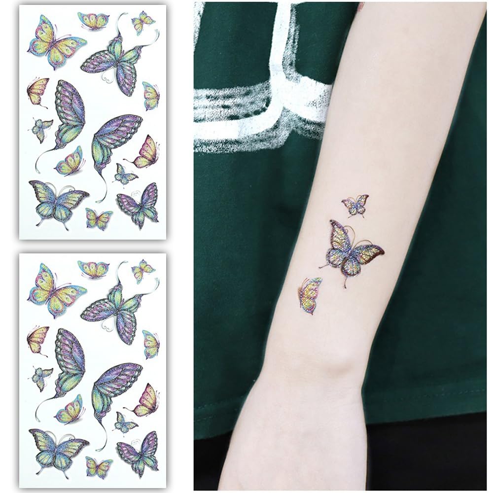 S.A.V.I Colorful Glittery Butterfly Temporary Tattoo Stickers - Set of 2 Sheets, Skin-Safe, Easy-to-Apply, Long-Lasting Multicolor Designs for Parties, Festivals, Kids Adults (12cm x 7.5cm)