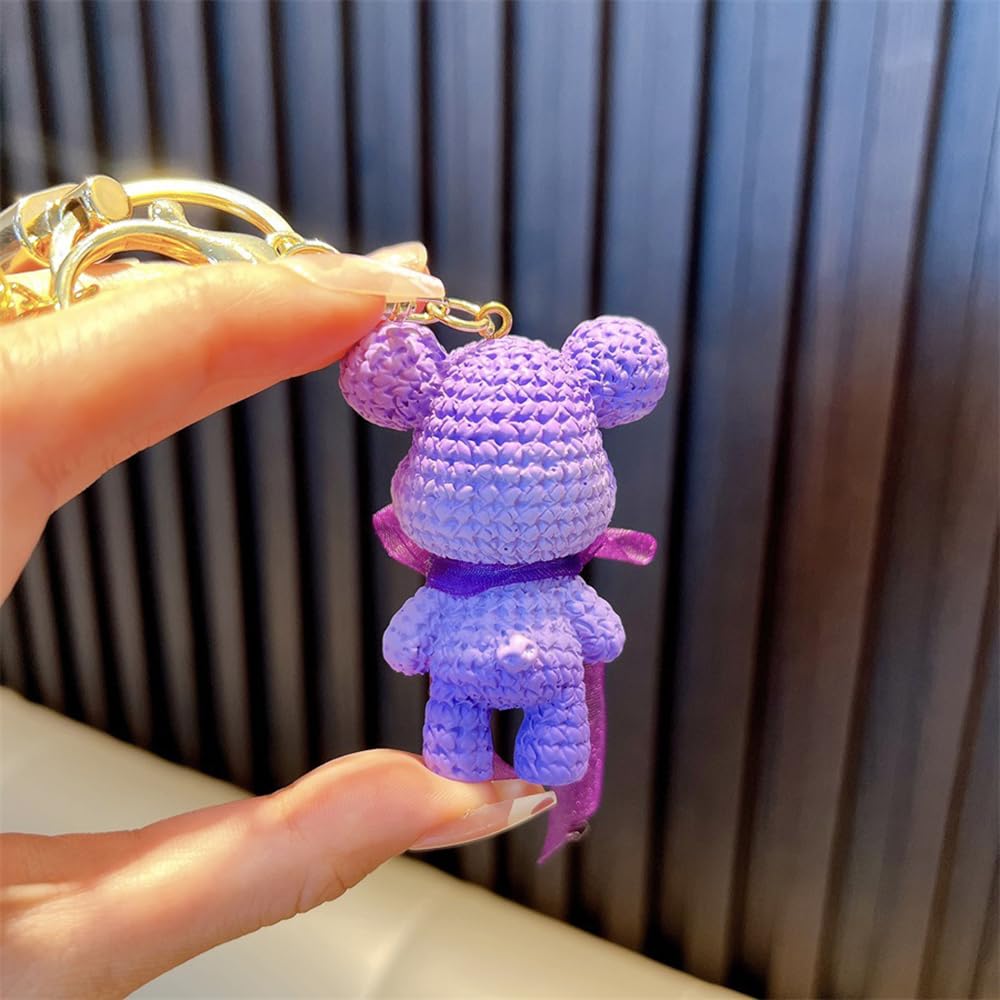 S.A.V.I Purple Teddy Bear Keychain | Resin Charm with Crochet Texture, PU Leather Strap & Golden Bell | for Girls, Women | Durable Metal Ring for Handbags, Car, Bike & Home Keys (Purple)