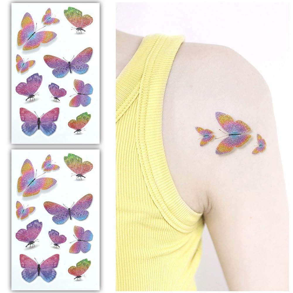 S.A.V.I 2 Pcs Glittery Multicolor Butterfly Temporary Tattoo Stickers – Bright Rainbow Design | Waterproof, Skin-Friendly | Ideal for Kids Adults | Parties, Festivals
