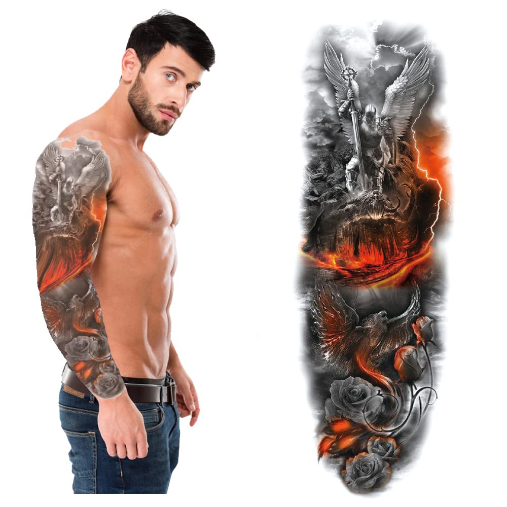 S.A.V.I Full Arm, Hand Temporary Tattoo For Men, Burning Lava Angel of Death Tattoo Sticker Size 48x17CM