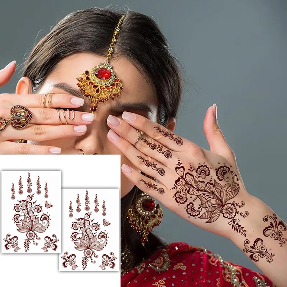 S.A.V.I 2 Sheets | Henna Mehendi Temporary Tattoo Stickers | Waterproof Natural Color | Women’s Hand, Arm Body Decor | 21x15cm