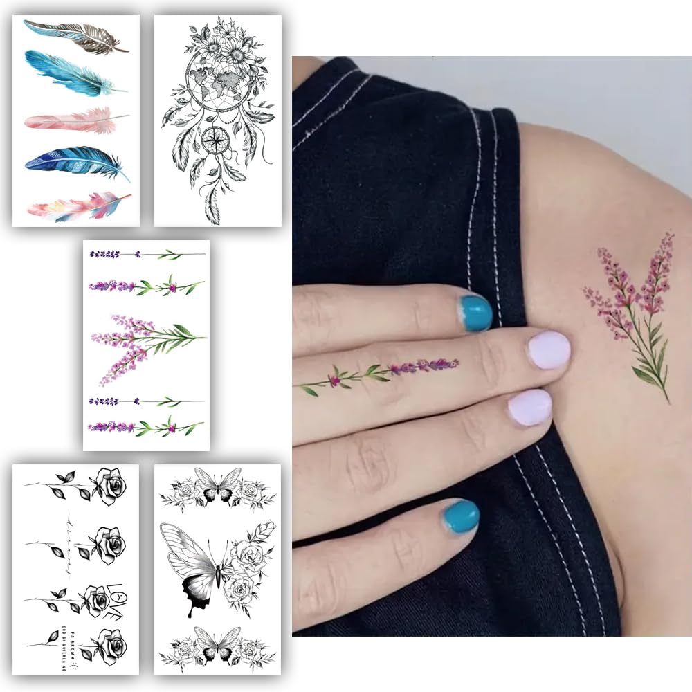 S.A.V.I 5 Sheets Temporary Tattoo Stickers - 10.5x6cm | Waterproof, Long-Lasting Floral, Feather Butterfly Designs for Women Girls | Skin-Safe, Easy Application, Ideal for Parties Festivals