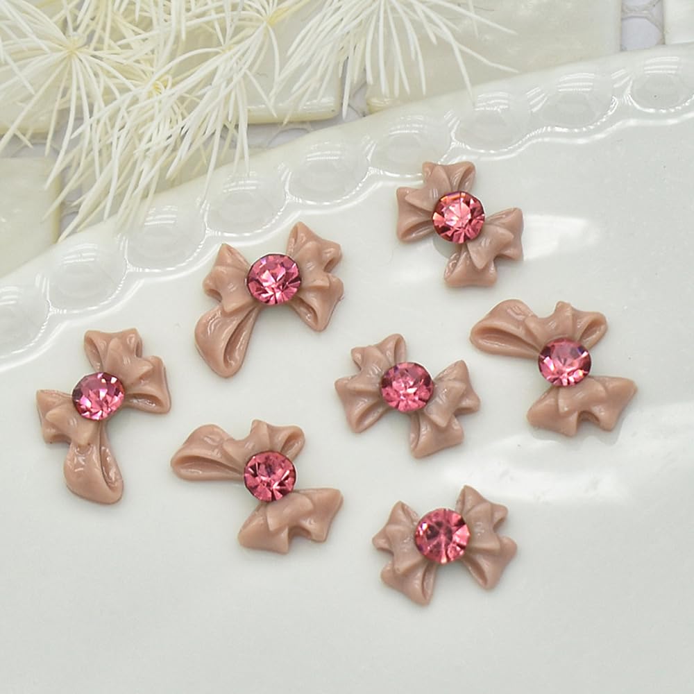 S.A.V.I 3D Nude Bow Nail Art Decorations with Pink Rhinestones – Set of 10 Resin Big Bows (2 Designs) for DIY Nail Art, Manicure, Nail Tips, Extensions & Salon Use