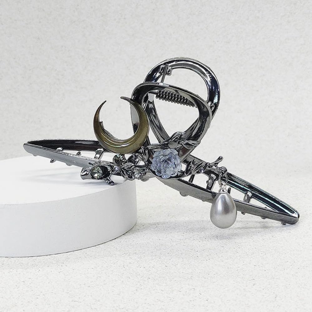 S.A.V.I Gun-Black Big Hair Claw Clip for Women (11.5 cm) | Metal Clutcher with Moon, Rose & Pearl Charms | Strong Grip U-Shape Hair Accessory for Thick Hair, Bun, Office & Party