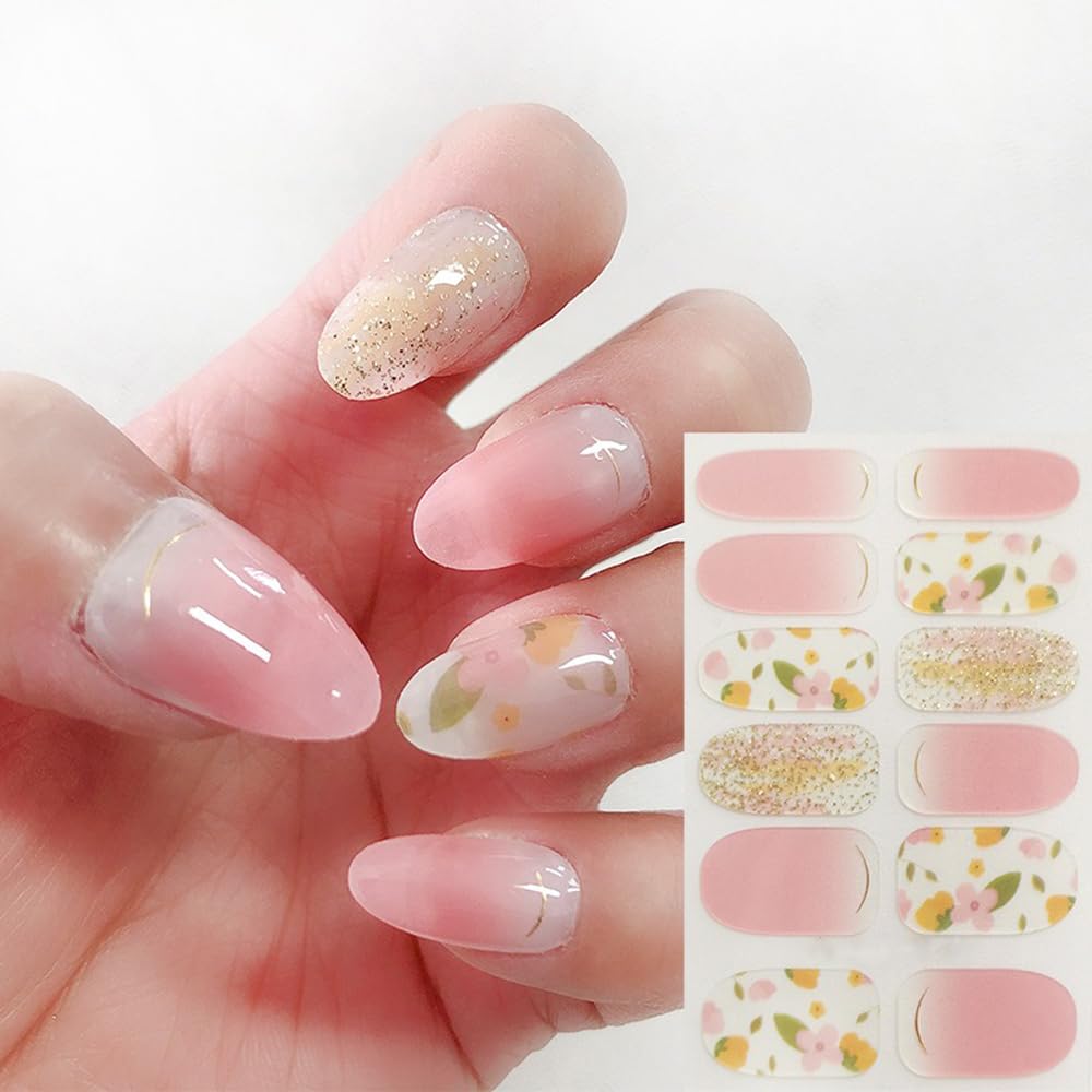 S.A.V.I 12PCS Peach Golden Glitter Floral Gel Nail Stickers | Full Nail Art Decoration | Long-Lasting, Easy to Apply, Salon-Quality Finish | Perfect for Manicure Pedicure