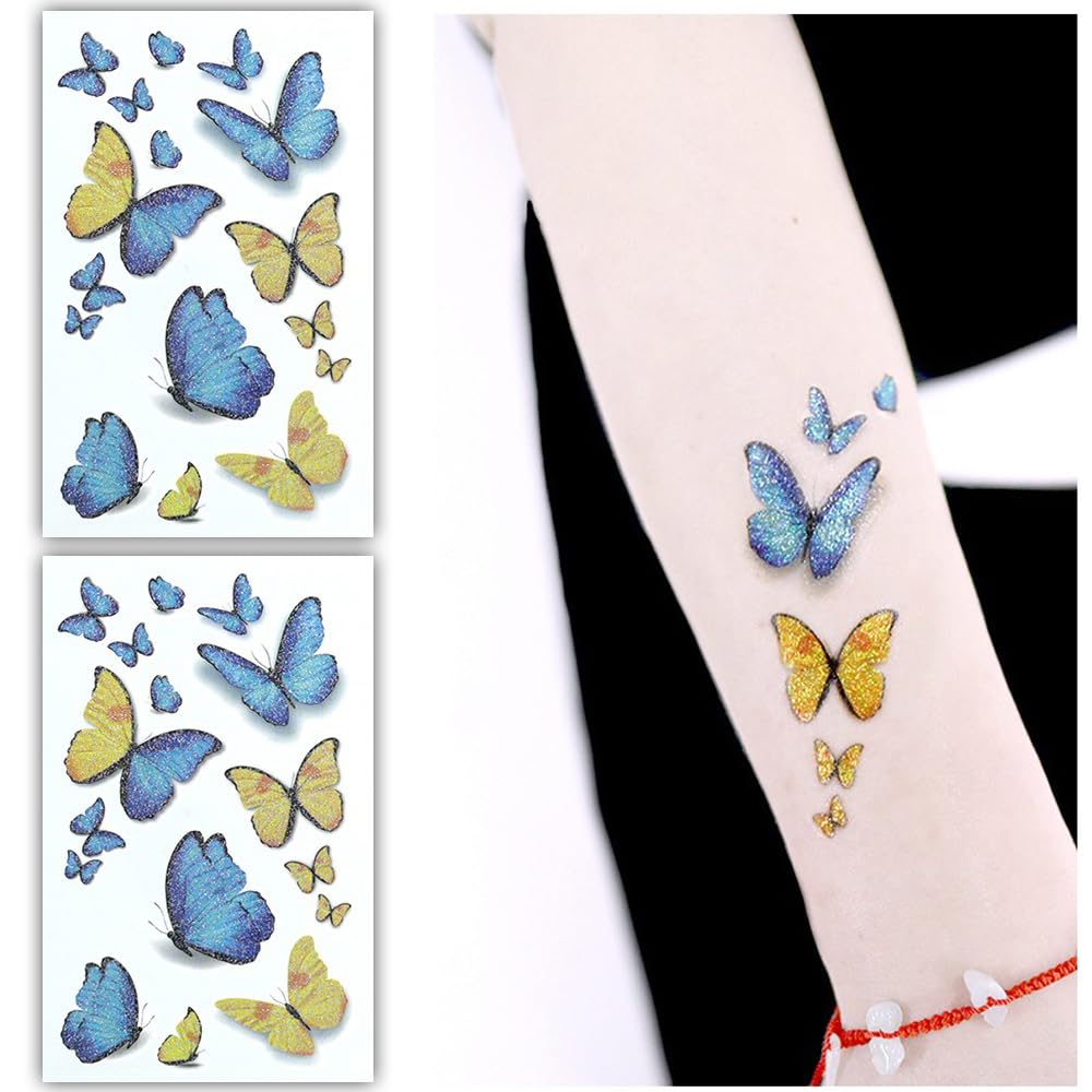 S.A.V.I 2pcs Glittery Butterfly Temporary Tattoo Stickers - Sparkling Multicolor, Waterproof Body Art for Kids Adults | Long-Lasting, Easy Application | Parties, Events, Gifts (12x7.5 cm)