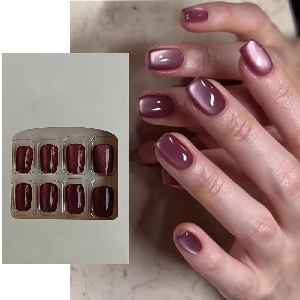 S.A.V.I 24 Pcs Cat's Eye Burgundy False Nails | Short Coffin Shape | Natural-Looking Reusable Press-On Nails | Easy DIY Manicure Kit for Women | Comfortable Stylish Fake Nail Set