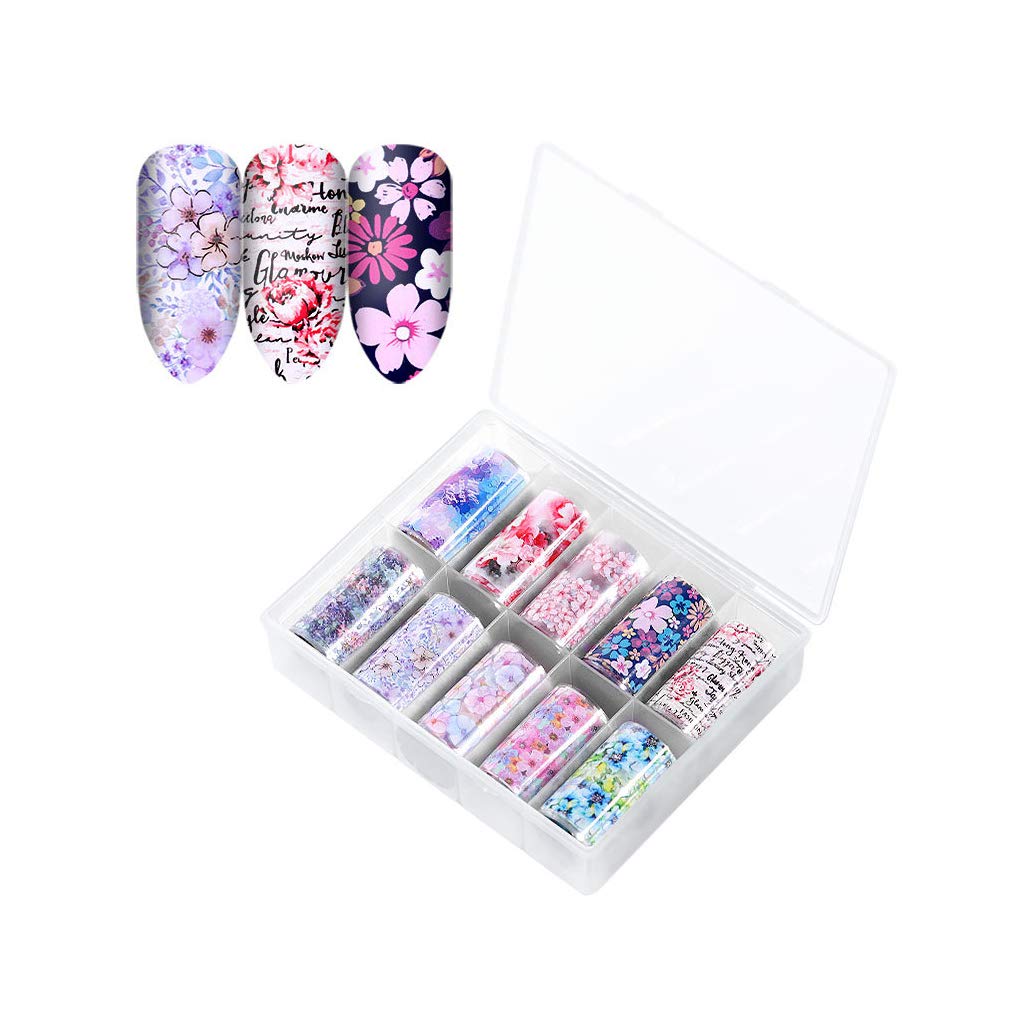 S.A.V.I 10 Rolls Nail Foil Transfer Multicolored Flowers Text Patterns Sticker DIY Holographic Nail Decoration