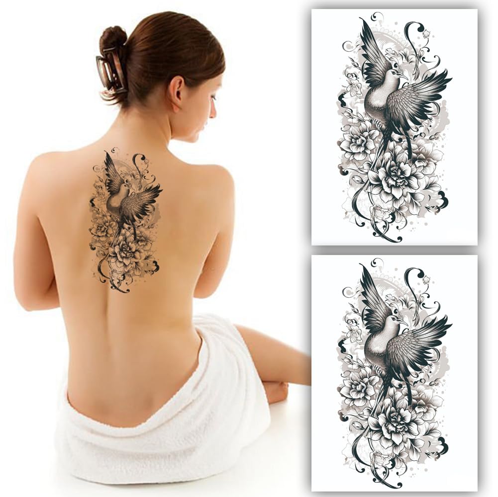 S.A.V.I (2PCS.) Majestic Bird Floral Temporary Tattoo Stickers - Realistic, Waterproof Design for Men Women, 22x15 cm