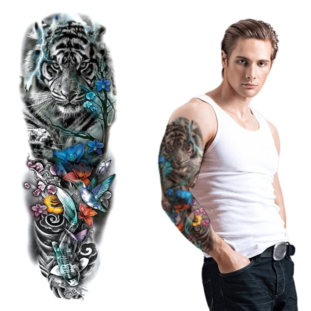S.A.V.I Full Arm Temporary Tattoo, Tiger Stalking Prey in Jungle Tattoo Sticker, Size 48x17CM