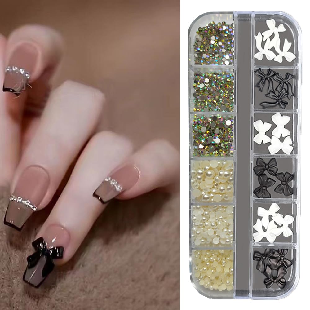 S.A.V.I 12-Grid 3D Black White Bowknot AB Flatback Rhinestones Pearls DIY Nail Palette