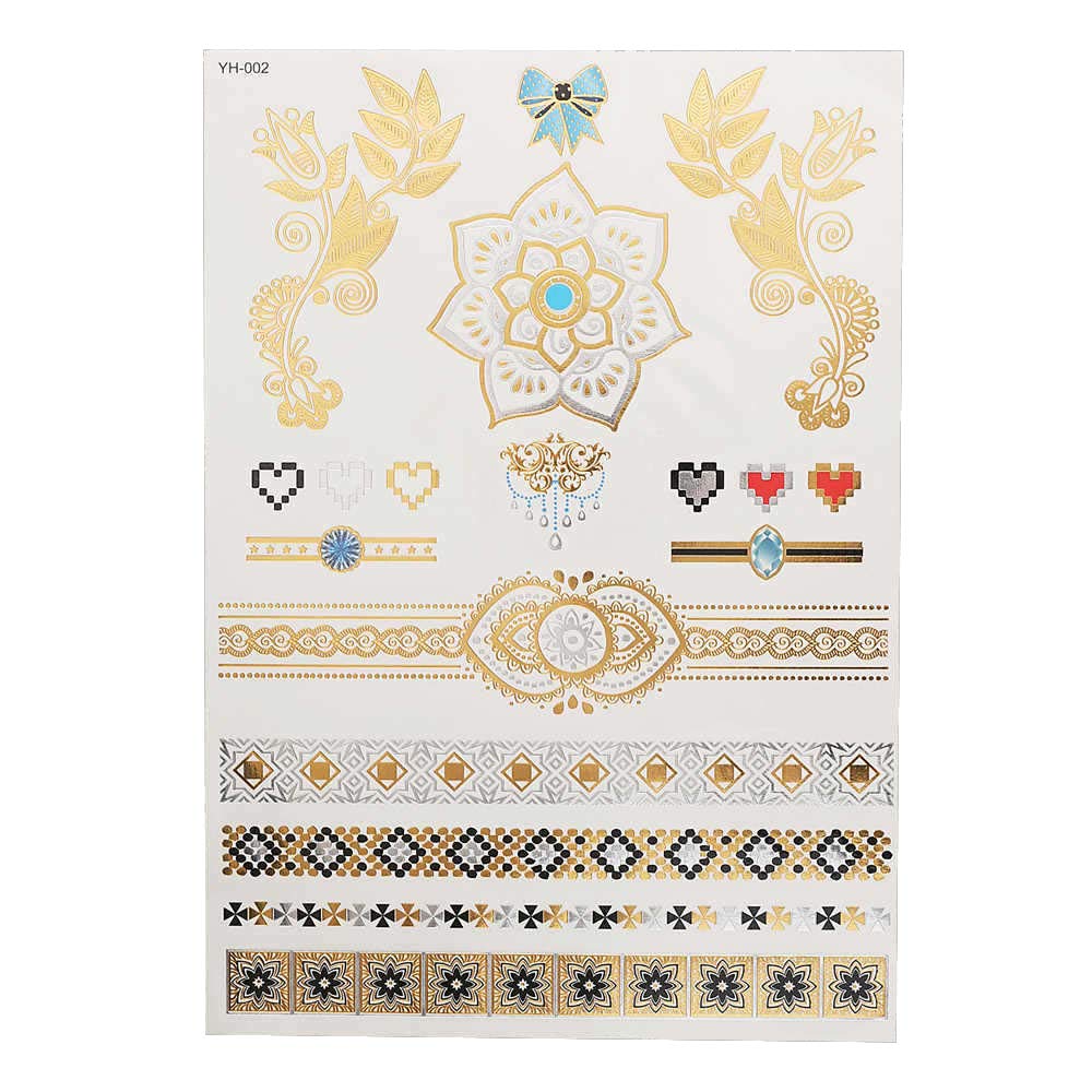 S.A.V.I 3D Temporary Tattoo Golden and Silver Metallic Sticker Bow Flower Hearts Design Size 21x15cm - 1pc. (2), Gold, 4 g