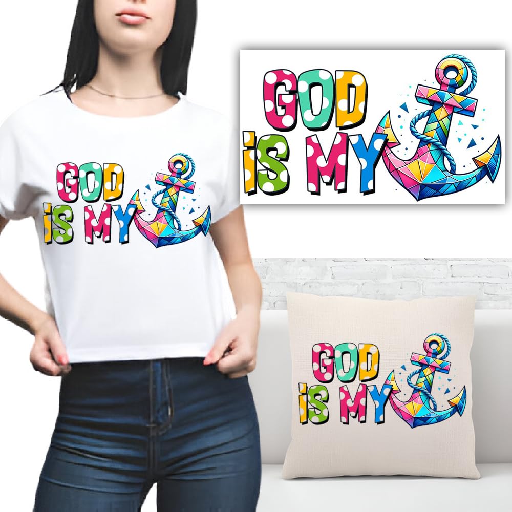 S.A.V.I 1PC Vibrant 'God is My Anchor' Iron-On Heat Transfer Patch – Washable DIY Fabric Sticker for T-Shirts, Hoodies, Jeans, Pillows – Easy Customization for Clothing, Bags Accessories