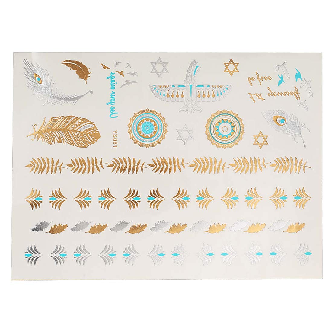 S.A.V.I 3D Temporary Tattoo Golden and Silver Metallic Sticker Colourful Butterflies Swans Peacock Design Size 21x15cm - 1pc. (81), Gold, 22 g