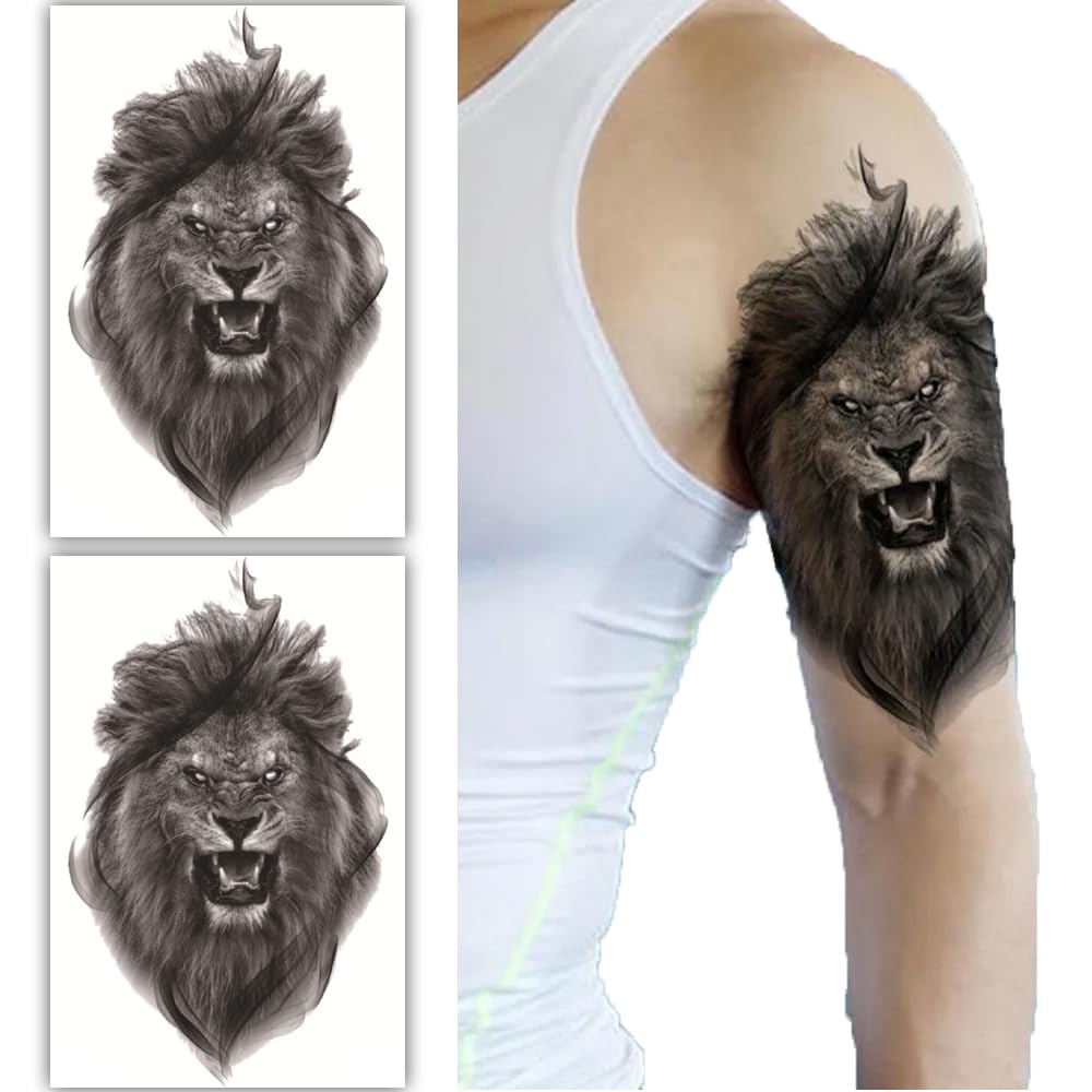 S.A.V.I 2 Sheets Realistic Black Lion Temporary Tattoo Stickers - Large 19x12cm - Long-Lasting Waterproof Body Art for Men Women - Easy Apply Remove - Ideal for Arm, Shoulder, Back