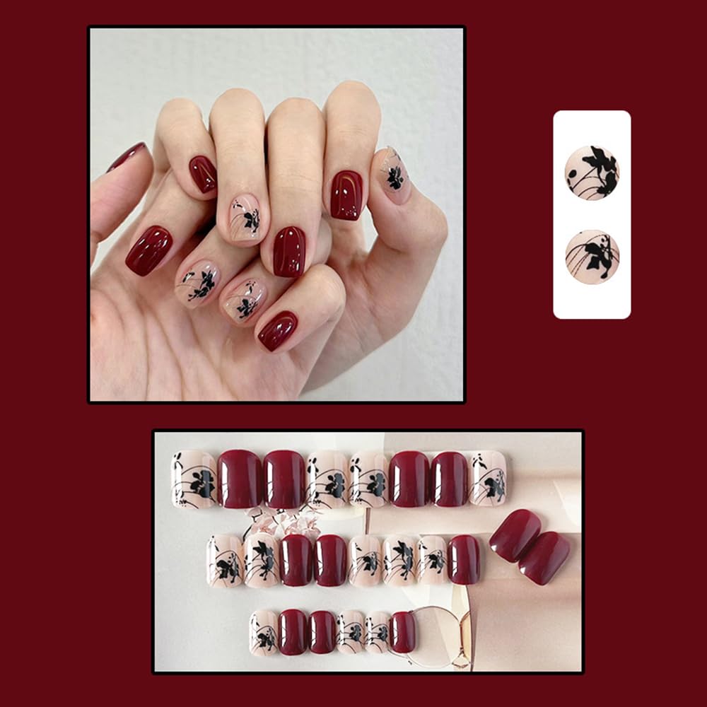S.A.V.I 24 Pcs Wine & Nude Short Press On Nails with Black Floral Design | Natural Look Reusable Fake Nail Tips for Women & Girls | With Glue & Adhesive Tabs | Nail Art Kit