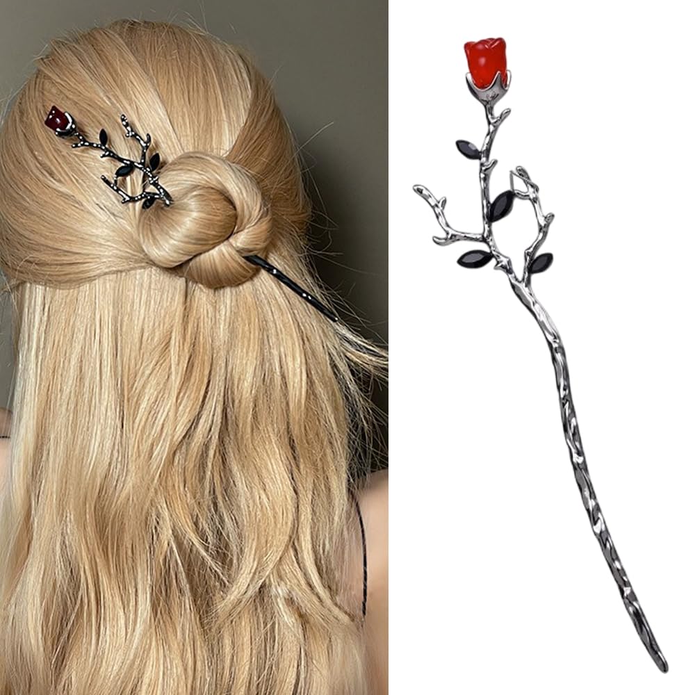 S.A.V.I Gothic Red Rose Hairpin for Women | Vintage Metal Hair Stick with Black Leaves | 17.5 cm Elegant Floral Hair Accessory | Perfect for Party, Wedding