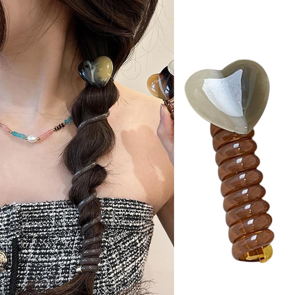 S.A.V.I Heart-Shaped Telephone Wire Hair Band | 7cm Stylish Spiral Elastic Hair Tie | Durable Trendy Hair Accessory for Women Girls | Ideal for Braid Ponytail Hairstyles - 1 Pc
