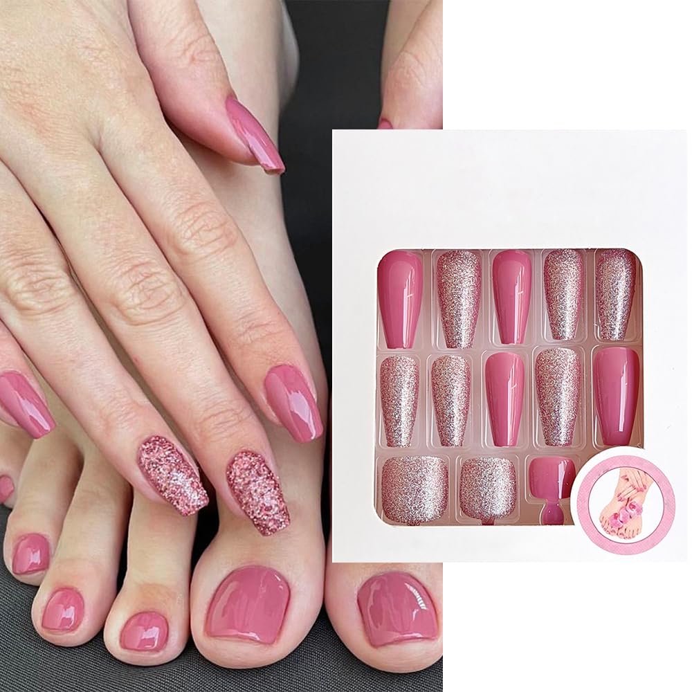 S.A.V.I 48 Pcs Pink Glitter Coffin Shape Press-On Nails for Hands Feet | Long Artificial Nail Combo Set | Trendy Manicure for Women | Easy to Apply Stylish Nail Extensions for Party Use