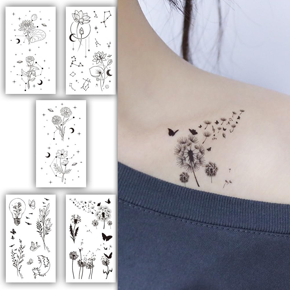 S.A.V.I 5PCS Temporary Tattoo Stickers - Waterproof, Nature-Inspired Designs with Floral, Fauna, Celestial Motifs, 10.5x6cm for Women Girls