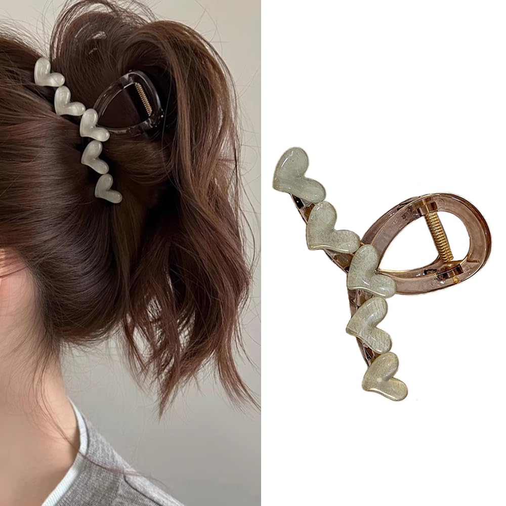 S.A.V.I 9cm Big Hair Clip for Women Girls - Grey Green Heart Design, Strong Grip Claw Clip, Stylish Durable Hair Accessory, Perfect for Dailyuse Gifting - 1 Pc