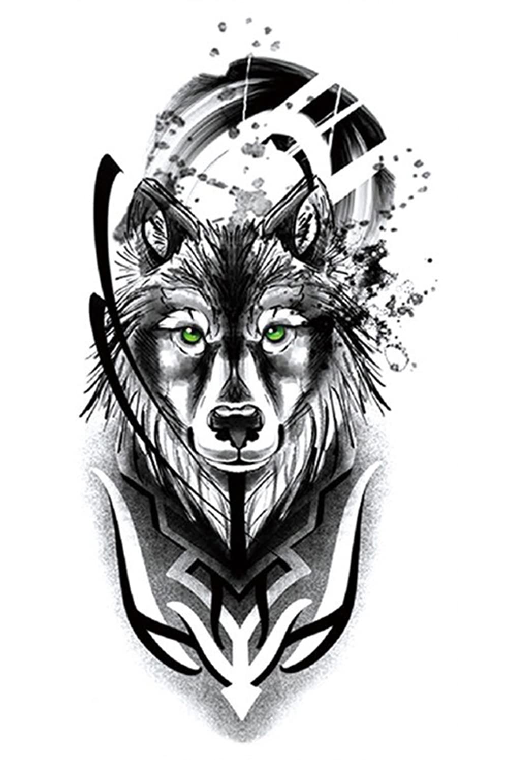 S.A.V.I Temporary Tattoo Stickers, Black Wolf Green Eyes Pattern For Men, Women, Tattoo For Hand Arm, Size 21x11cm - 1Pc.