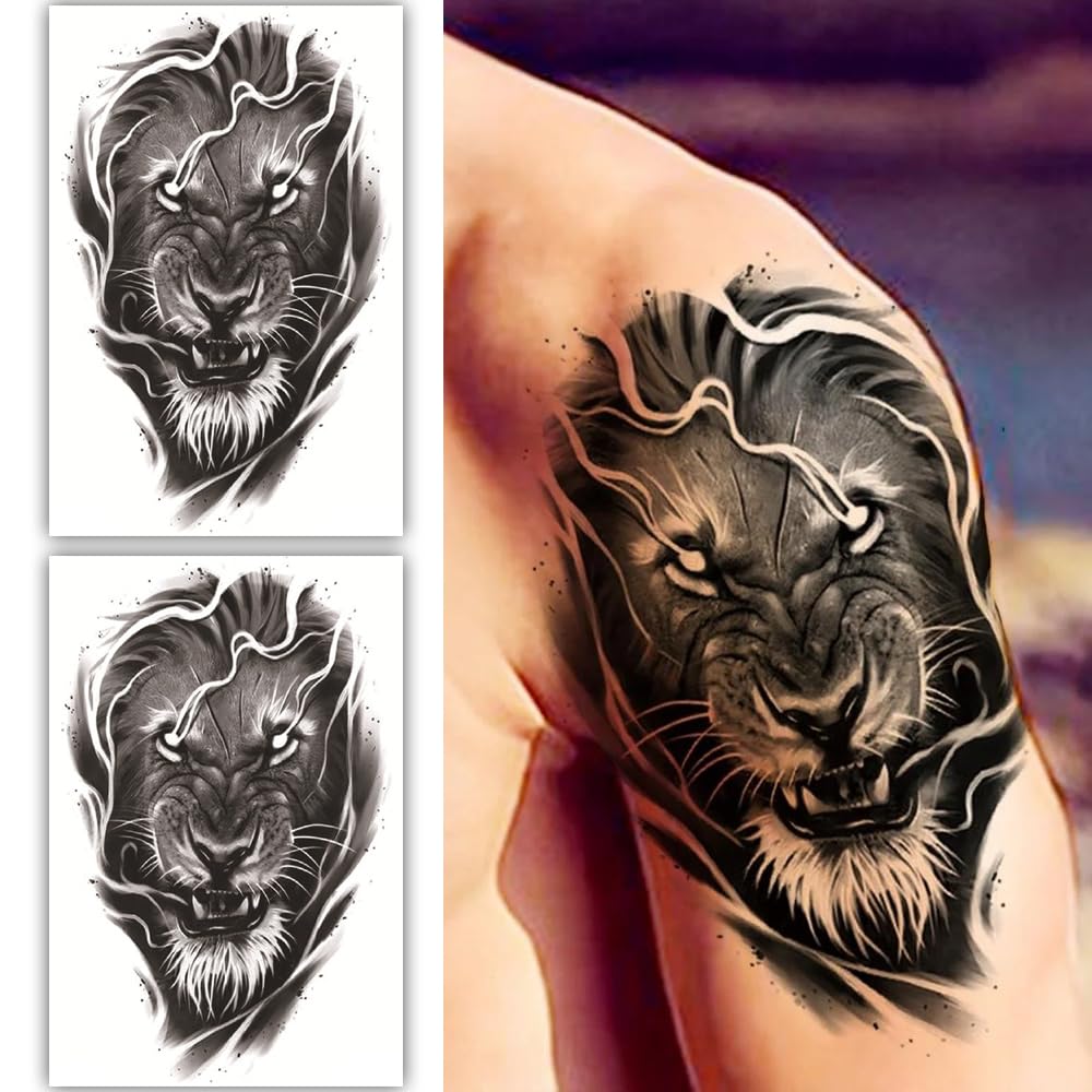 S.A.V.I 2 Sheets Black Lion Temporary Tattoo – Large 19x12cm Waterproof Body Art Stickers – Realistic Arm Tattoos for Men Women – Easy to Apply, Long-Lasting Design