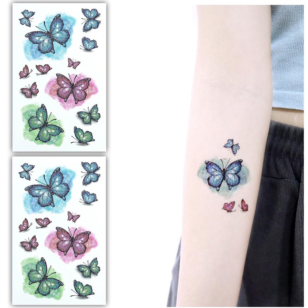 S.A.V.I 2pcs. Glitter Butterfly Temporary Tattoo Stickers – Sparkly Blue, Pink, Green Purple Designs – Vibrant, Waterproof Tattoos for Girls Women – Party, Festival, Gift (7.5x12cm)
