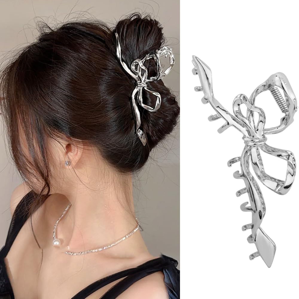 S.A.V.I 1pc. Silver Metal Bow Hair Clip for Women | Stylish Hair Clutch Accessory | Elegant Durable Hair Claw for Buns Ponytails | Lightweight Design | Party Looks Trendy Hair Accessories for Girls
