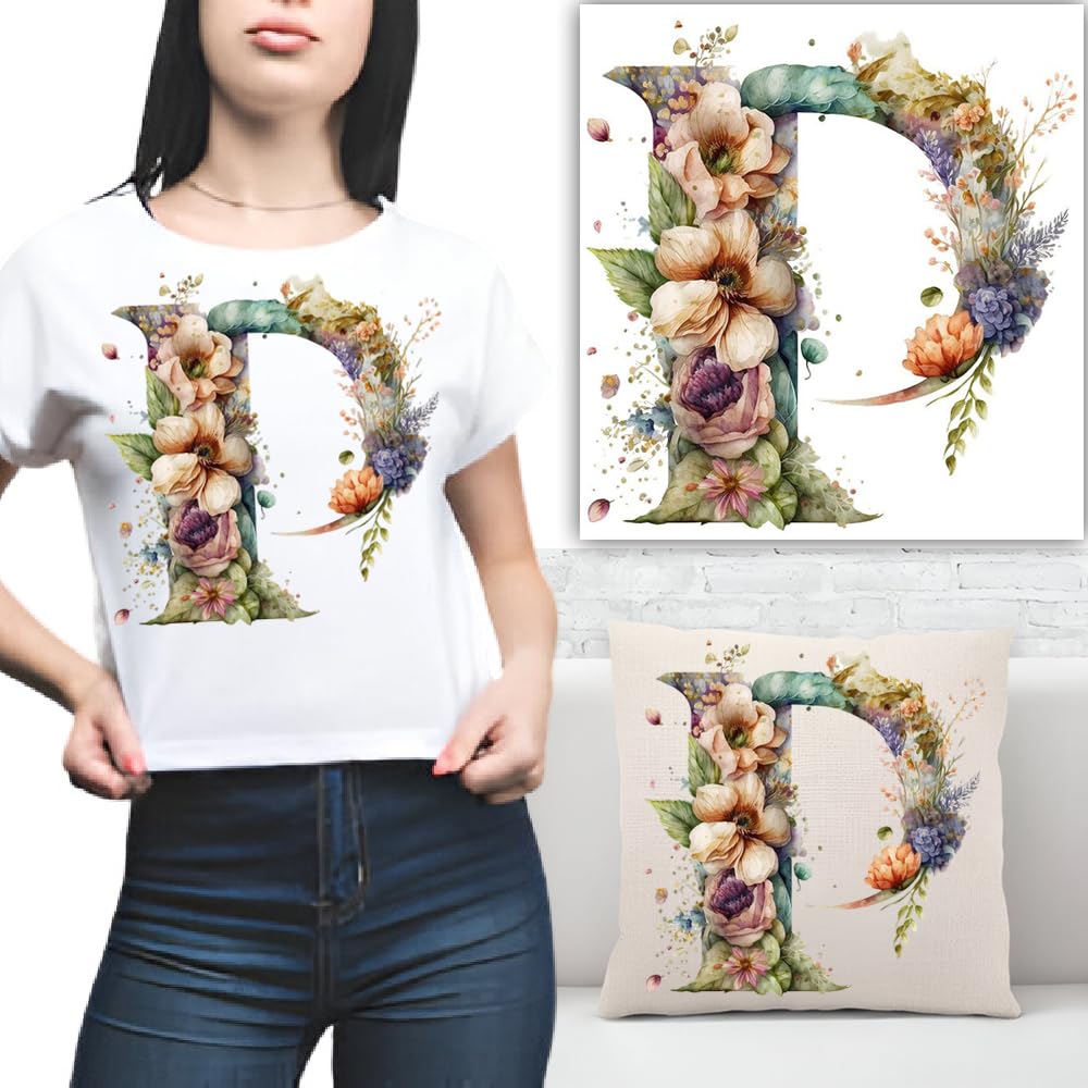 S.A.V.I 1PC Floral Alphabet Iron-On Patch – Washable Heat Transfer Sticker for DIY T-Shirts, Jeans, Pillows, Backpacks, Hats – Easy Applique with Beautiful Flower Design – Clothing Accessories Patch (P)