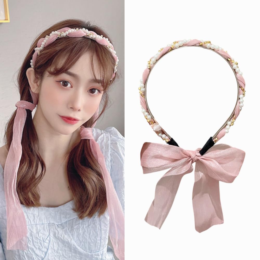 S.A.V.I Pink Pearl & Rhinestone Embellished Headband for Women & Girls | 51cm Soft Satin Ribbon Hairband | Stylish Hair Accessory for Weddings, Parties, Festive