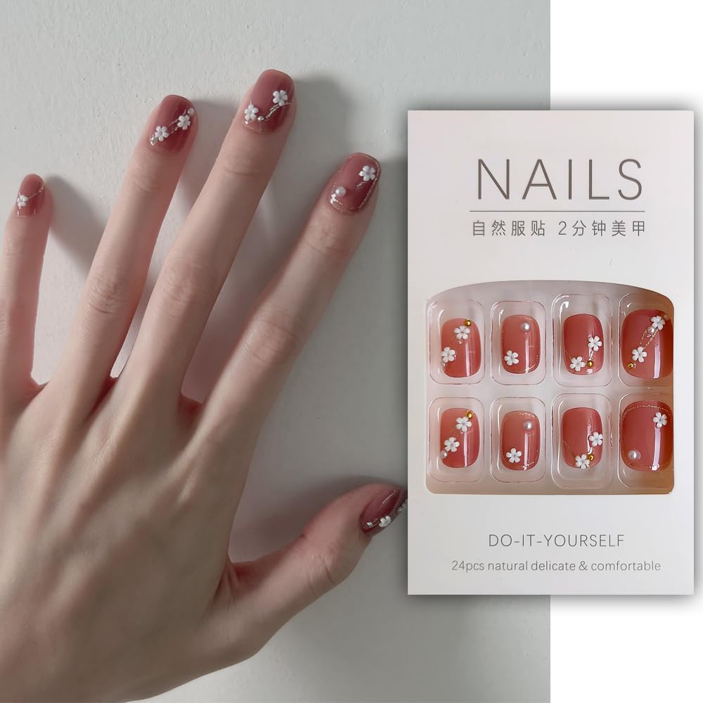 S.A.V.I 3D Flower Pearl Manicure Nails - 24 Pcs DIY False Fake Nail Set