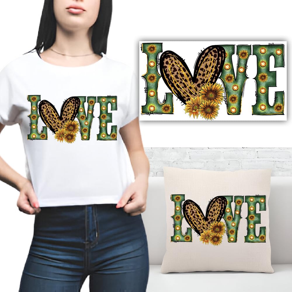 S.A.V.I Sunflower Love Applique Patch Iron-On Sticker for DIY | Washable Heat Transfer Design for T-Shirts, Hoodies, Denim, Bags | Leopard Heart Print | 8.5 x 4 Inch Size