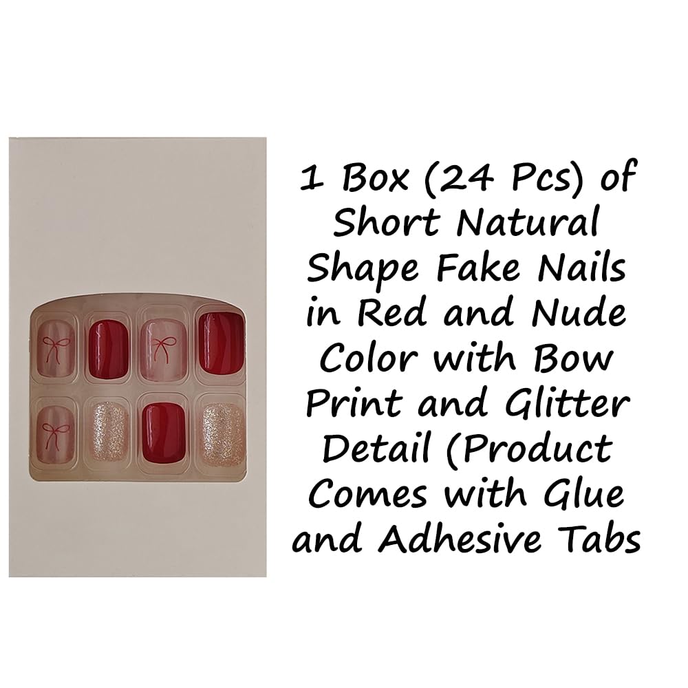 S.A.V.I 24Pcs Short Natural Shape Press-On Nails Red Nude Glitter Bow Design | Reusable DIY Nail Art with Glue & Adhesive Tabs | Trendy Fake Nails for Women & Girls